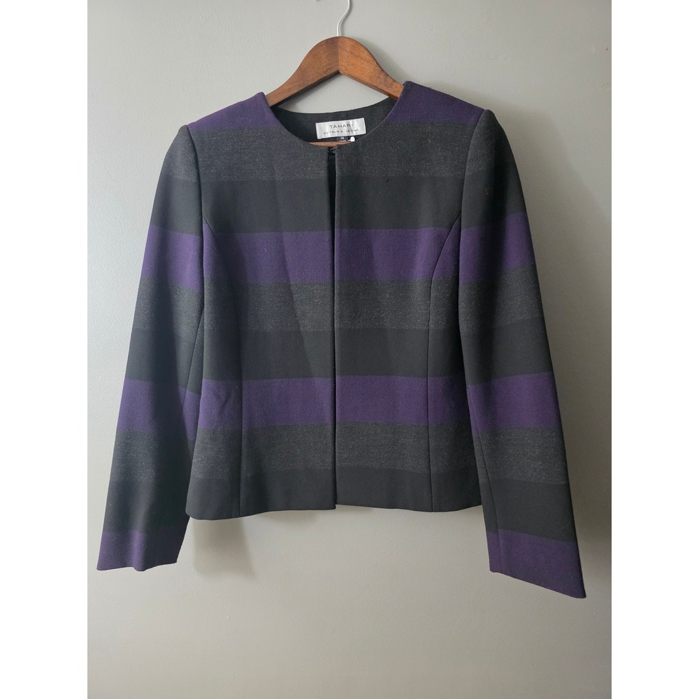 Tahari Arthur S Levine Purple Black Striped Collarless Blazer Jacket Size 10